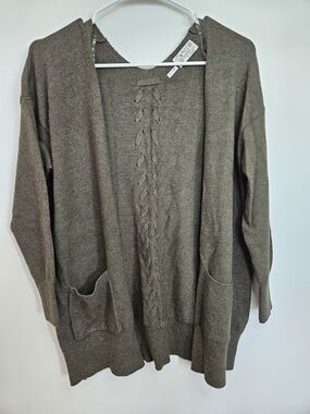 POOF APPAREL Olive Green Cable Knit Back Open Front Cardigan Pocket Sweater M🔥